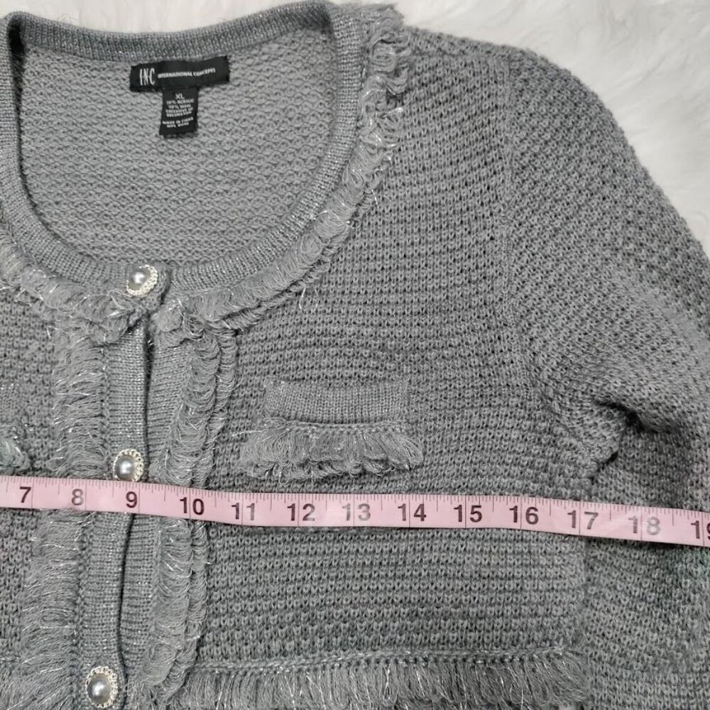 INC International Concepts Gray Silver Speckles Fringe Trim Knit Cardigan XL - Picture 10 of 12